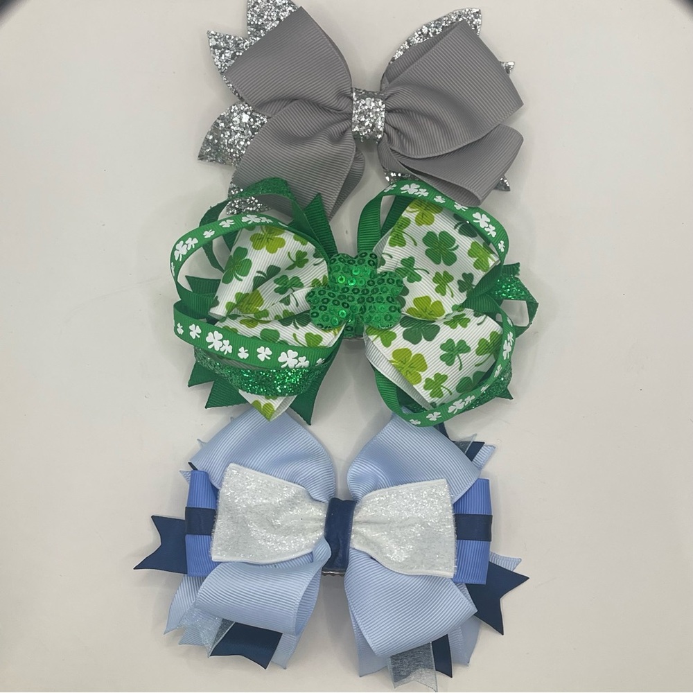 Girls Hair Bow Set - Gray,‎ Green, and Blue